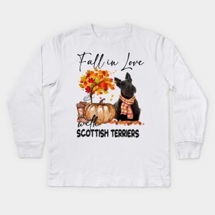 Fall In Love With Scottish Terriers Fall Pumpkin Thanksgiving Kids Long Sleeve T-Shirt